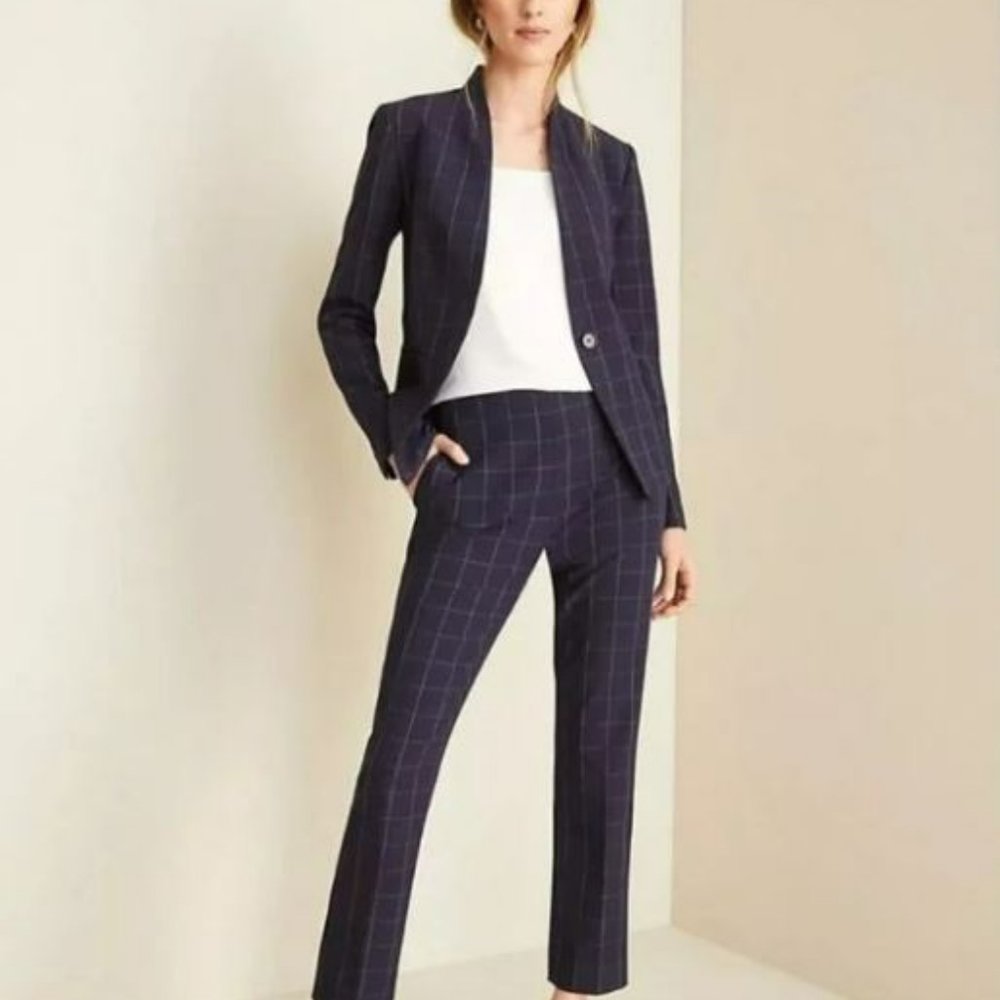 Women's Navy Windowpane Suit Pants - Classic Tailored Trousers